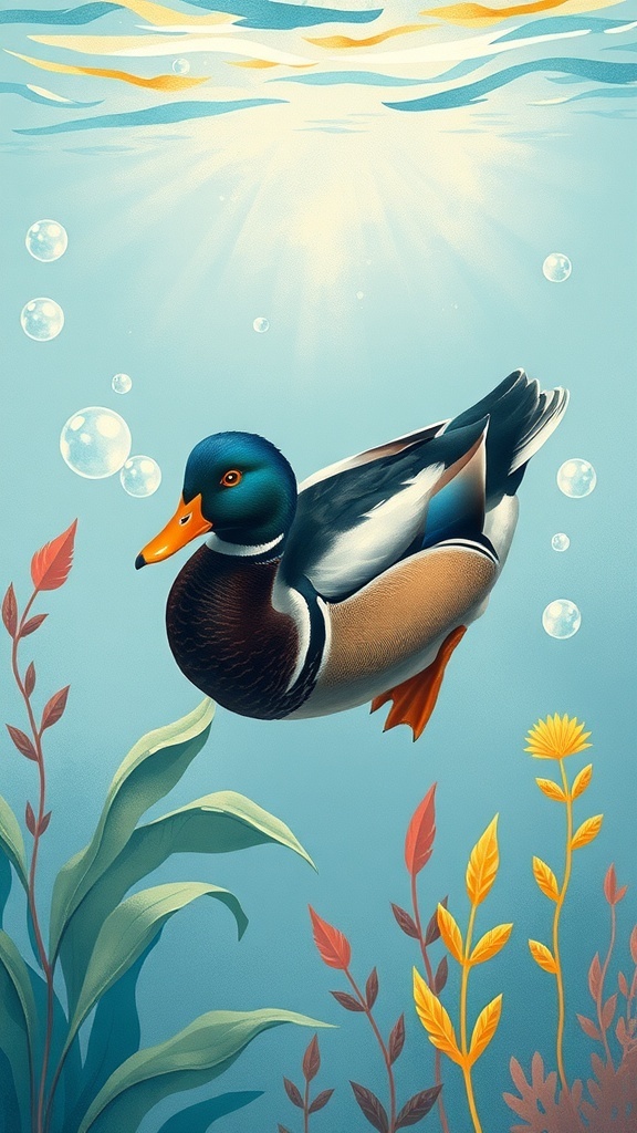 A whimsical drawing of a duck underwater with aquatic plants and bubbles.